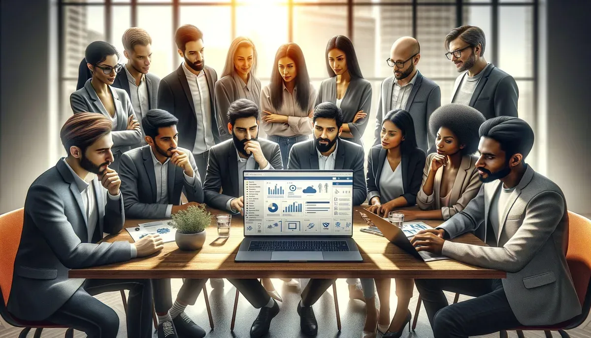 A realistic image showing a diverse group of professionals gathered around a laptop, collaboratively working on a blog post using HubSpot's interface displayed on the screen. The setting is a modern office with natural light, indicating teamwork and digital marketing in action.