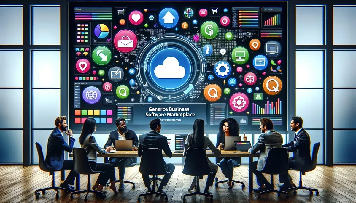 A modern office setting with a diverse team collaborating around a large screen displaying the HubSpot Marketplace interface; colourful app icons and charts illustrate various integrations enhancing business workflows.