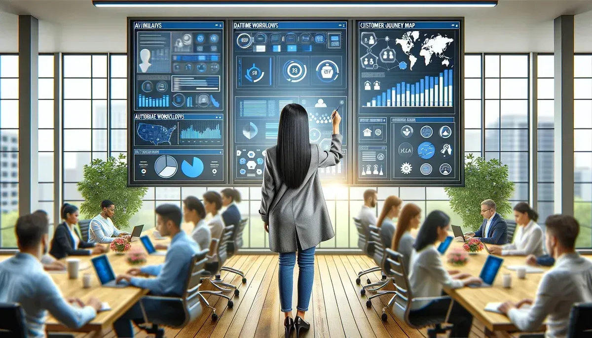 A high-resolution image of a modern office environment featuring a marketing professional analysing multiple dashboards on large monitors displaying HubSpot’s automation workflows, real-time analytics graphs, and email campaign performance metrics. The background includes team collaboration around a digital whiteboard outlining customer journey maps.