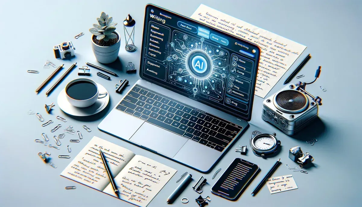 A realistic image depicting a modern workspace with a sleek laptop displaying an AI-powered writing tool interface. The screen shows a draft blog post with highlighted keywords and suggestions. Surrounding the laptop are notes, a coffee cup, and a smartphone, illustrating a dynamic content creation environment.