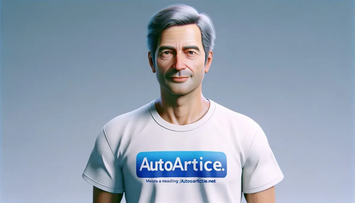 A detailed description of a realistic image relevant to the article. man in a white t-shirt, with the word AutoArticle.net in Blue
