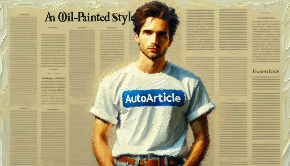 A detailed oil_painting description of a oil_painting image relevant to the article. man in a white t-shirt, with the word AutoArticle.net in Blue