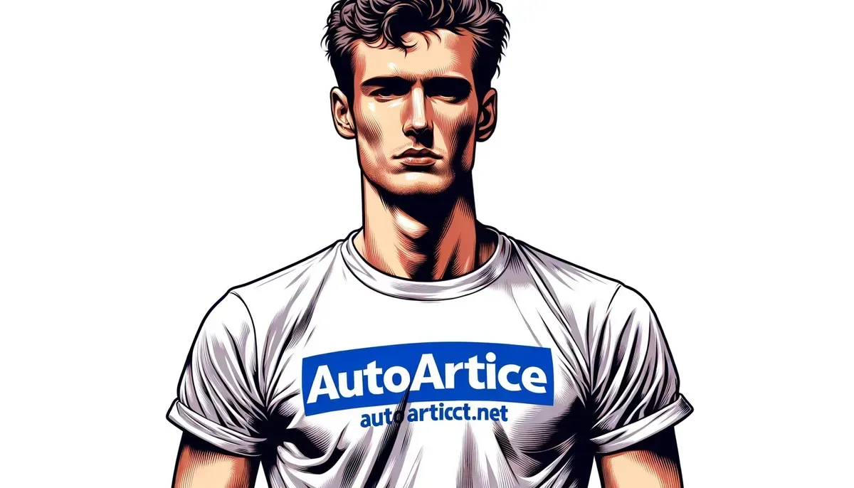 Photograph of a man wearing a white t-shirt with the word AutoArticle.net printed in blue on the front
