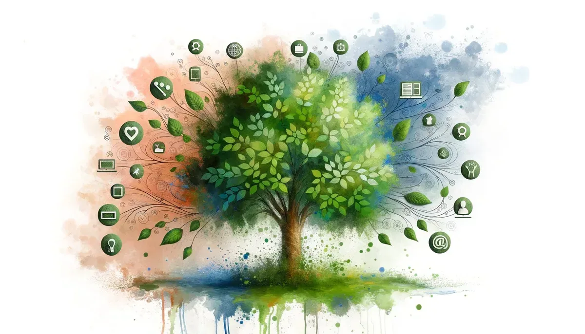 A delicate watercolor painting depicting a flourishing tree with vibrant green leaves symbolising growth, surrounded by various digital icons representing blogging, content creation, and technology.