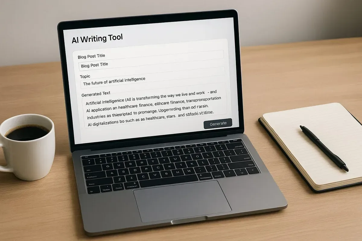 A modern workspace featuring a laptop displaying an AI writing tool interface alongside a notebook and coffee cup, symbolising the blend of technology and creativity in blogging.