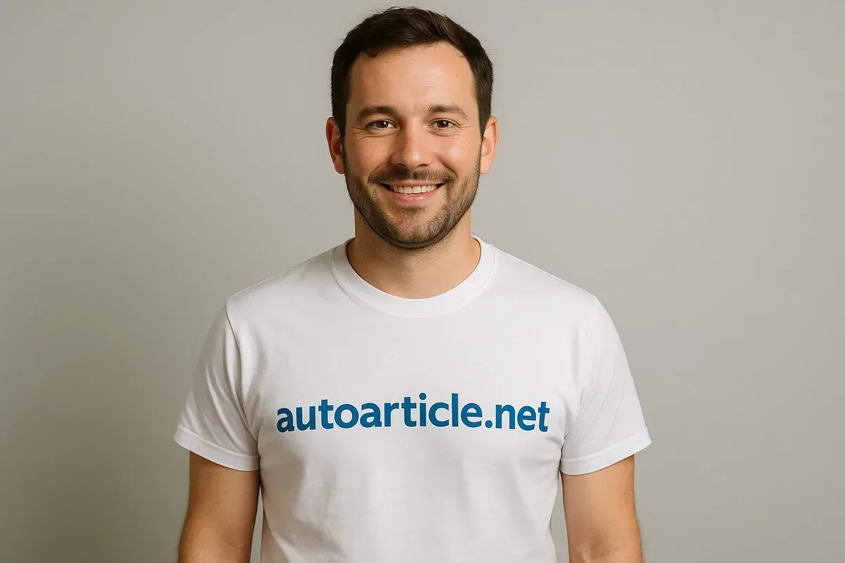 A man in a white t-shirt with the word autoarticle.net on it in blue.