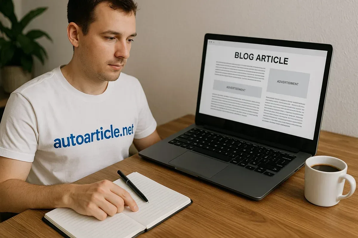 A computer screen displaying a well-designed blog page with embedded ads, alongside a notepad and pen for jotting down ideas. A coffee cup sits beside the laptop, symbolising a productive work environment.