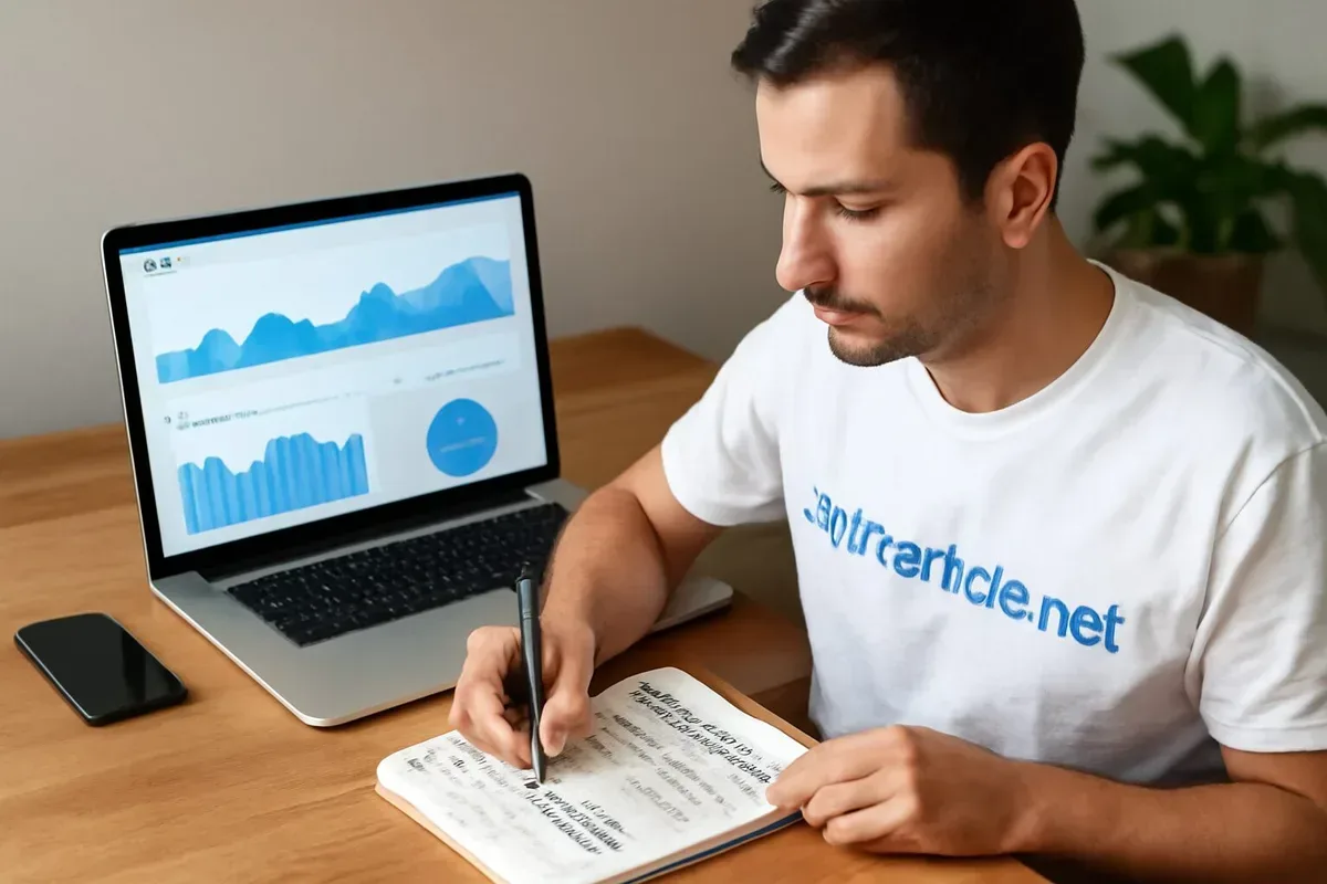 An image depicting a digital workspace with a laptop displaying analytics graphs alongside a notepad filled with notes on content creation strategies.