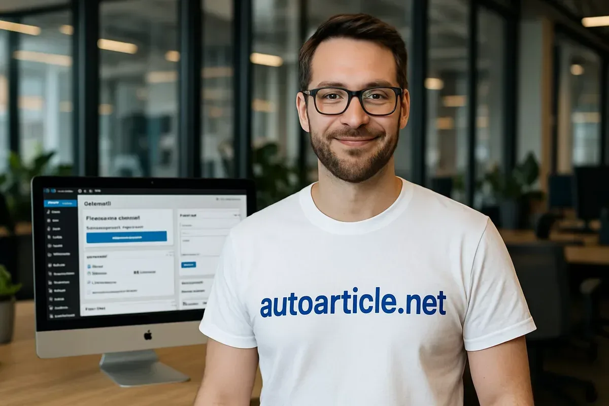 A photograph captures a man standing confidently in front of a computer screen displaying a WordPress dashboard. He wears a white t-shirt emblazoned with the word 'autoarticle.net' in bold blue letters. The background is filled with a modern office setting, showcasing productivity and innovation.