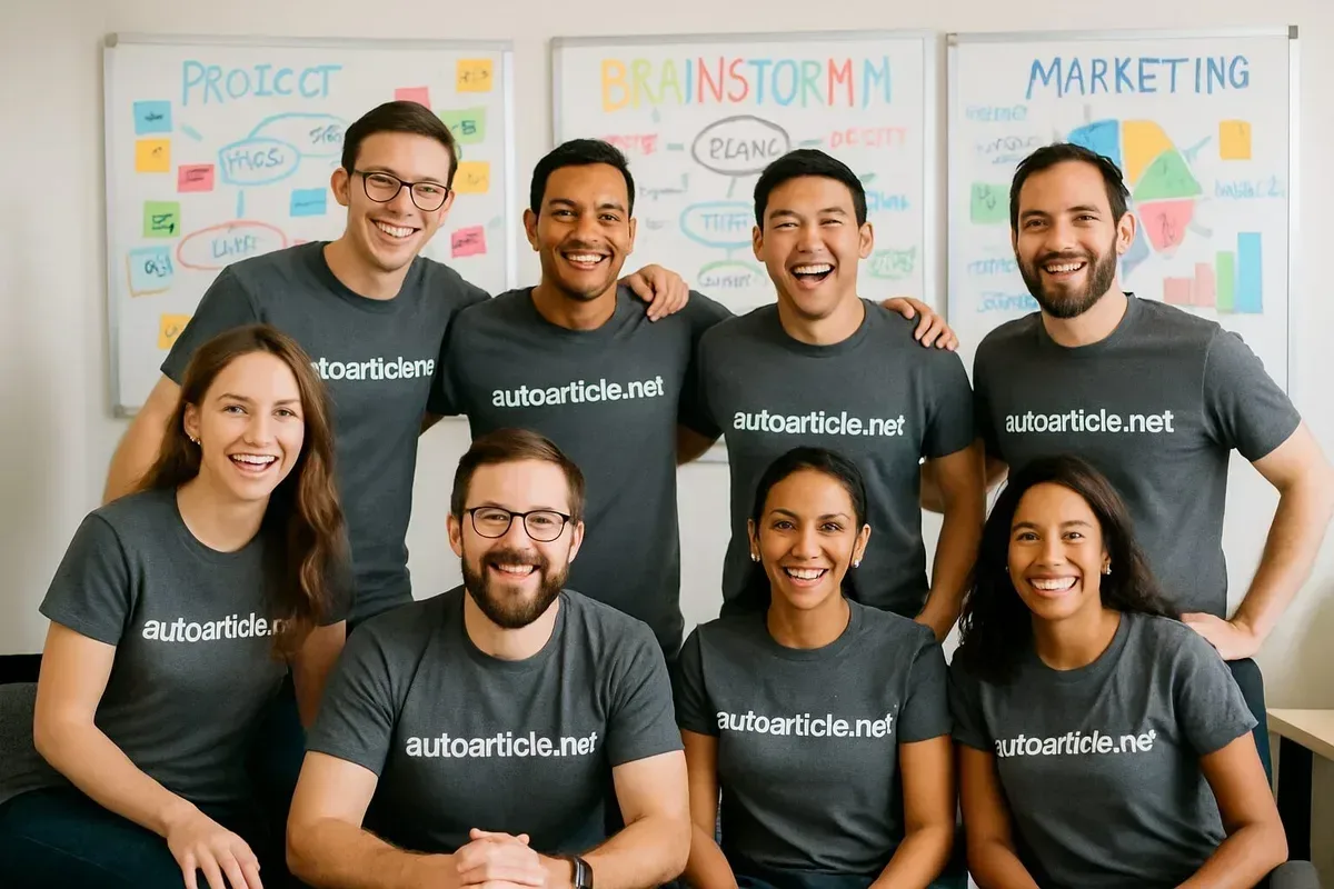 A vibrant team photo showcasing diverse individuals collaborating enthusiastically in an office setting. Everyone is wearing casual t-shirts emblazoned with 'autoarticle.net', radiating a sense of unity and creativity. The background features colourful whiteboards filled with brainstorming ideas and marketing strategies.