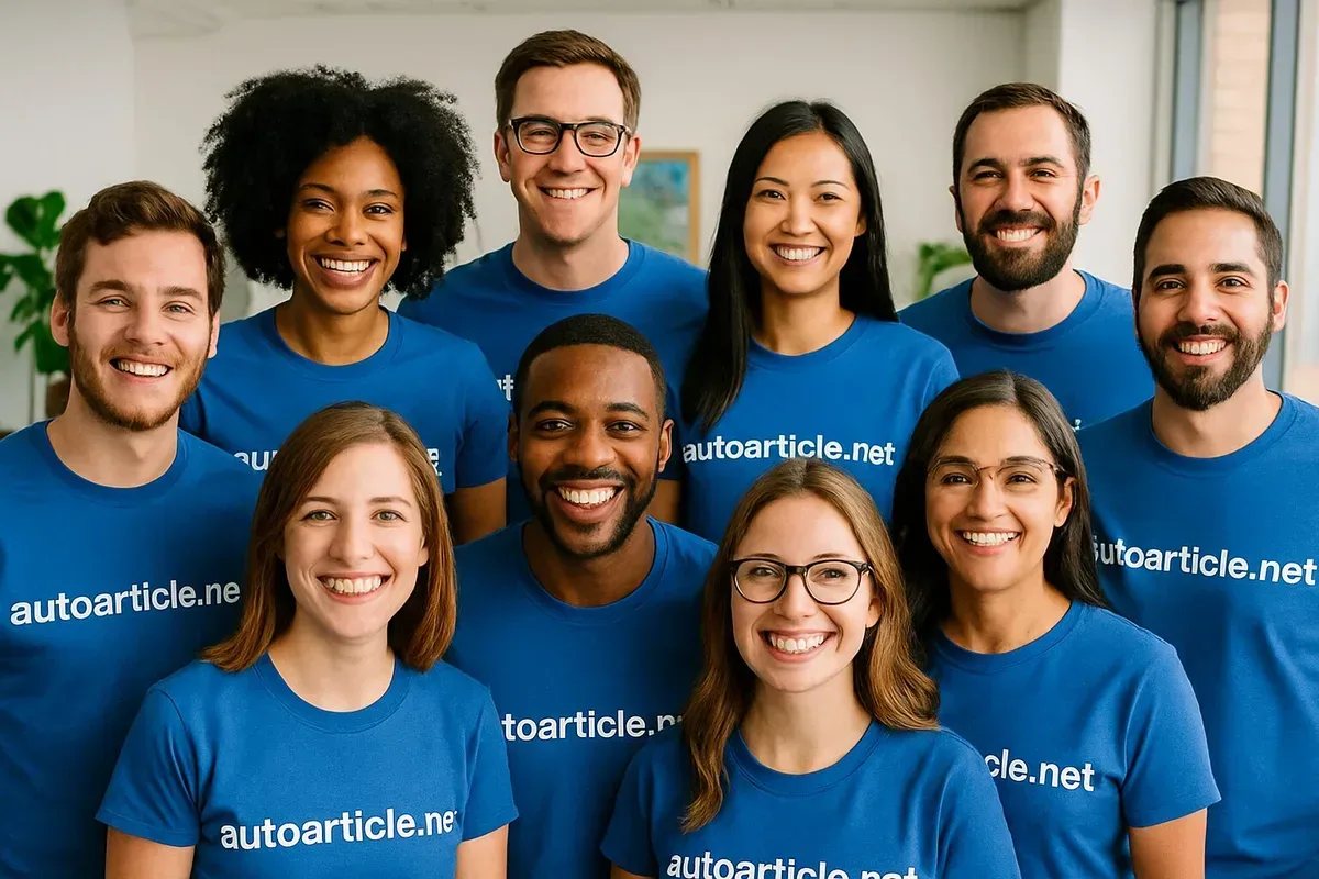 A vibrant team photo capturing a diverse group of enthusiastic individuals standing together, all wearing matching t-shirts emblazoned with 'autoarticle.net'. The setting is bright and cheerful, with smiles all around as they pose in front of a modern office backdrop, symbolising teamwork and innovation in auto-generated content.