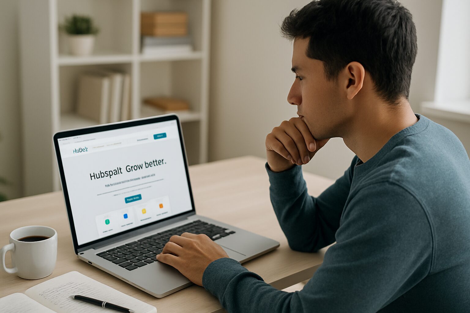 A focused shot of a person sitting at a modern desk, using a laptop displaying the HubSpot website. The individual appears engaged and thoughtful, with notes and a coffee cup beside them. The workspace is well-lit and organised, reflecting a professional atmosphere.