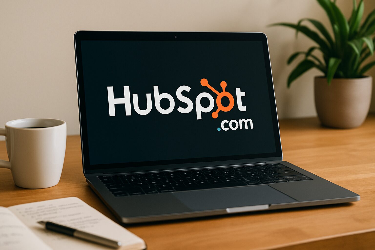 A vibrant photograph featuring a laptop with the HubSpot.com website logo displayed prominently on the screen. The laptop is placed on a wooden desk adorned with a cup of coffee, a notebook filled with notes, and a potted plant in the background, creating an inviting workspace atmosphere.