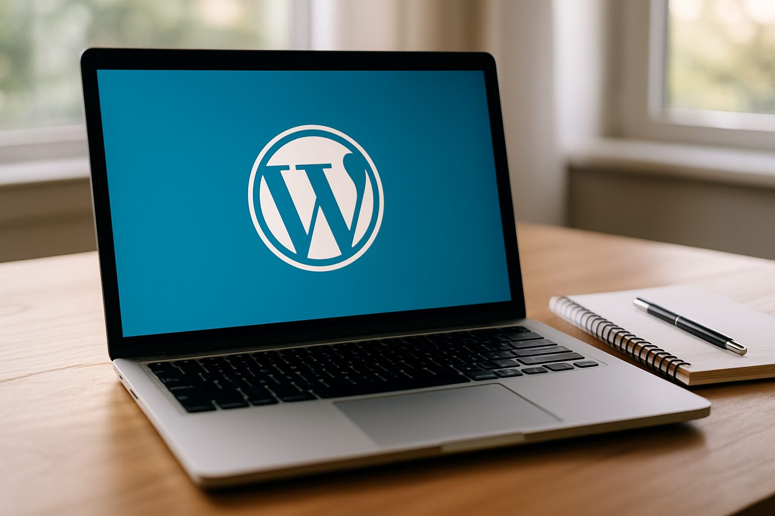A sleek laptop sits on a wooden desk, displaying a vibrant WordPress website logo on its screen. The backdrop features soft natural lighting filtering through a nearby window, casting gentle shadows across the keyboard. A notepad and pen lie beside the laptop, symbolising the blend of traditional writing methods with modern technology.