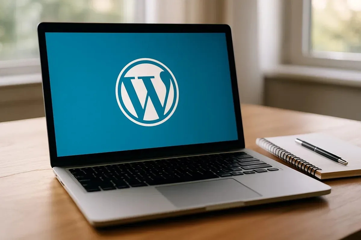 A sleek laptop sits on a wooden desk, displaying a vibrant WordPress website logo on its screen. The backdrop features soft natural lighting filtering through a nearby window, casting gentle shadows across the keyboard. A notepad and pen lie beside the laptop, symbolising the blend of traditional writing methods with modern technology.