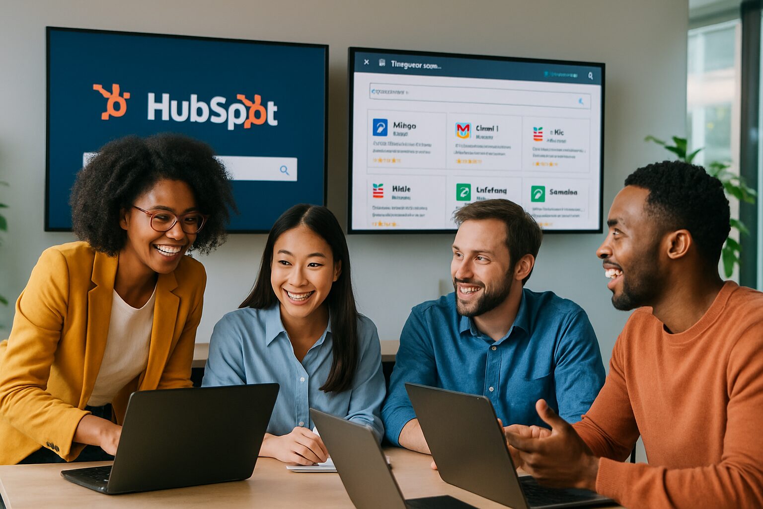 A vibrant photograph showing a diverse group of professionals in a modern office environment, actively collaborating over laptops. The workspace is equipped with large screens displaying the HubSpot interface, illustrating various integrations from the HubSpot Marketplace. The atmosphere is dynamic and innovative, embodying the spirit of teamwork and technological advancement.