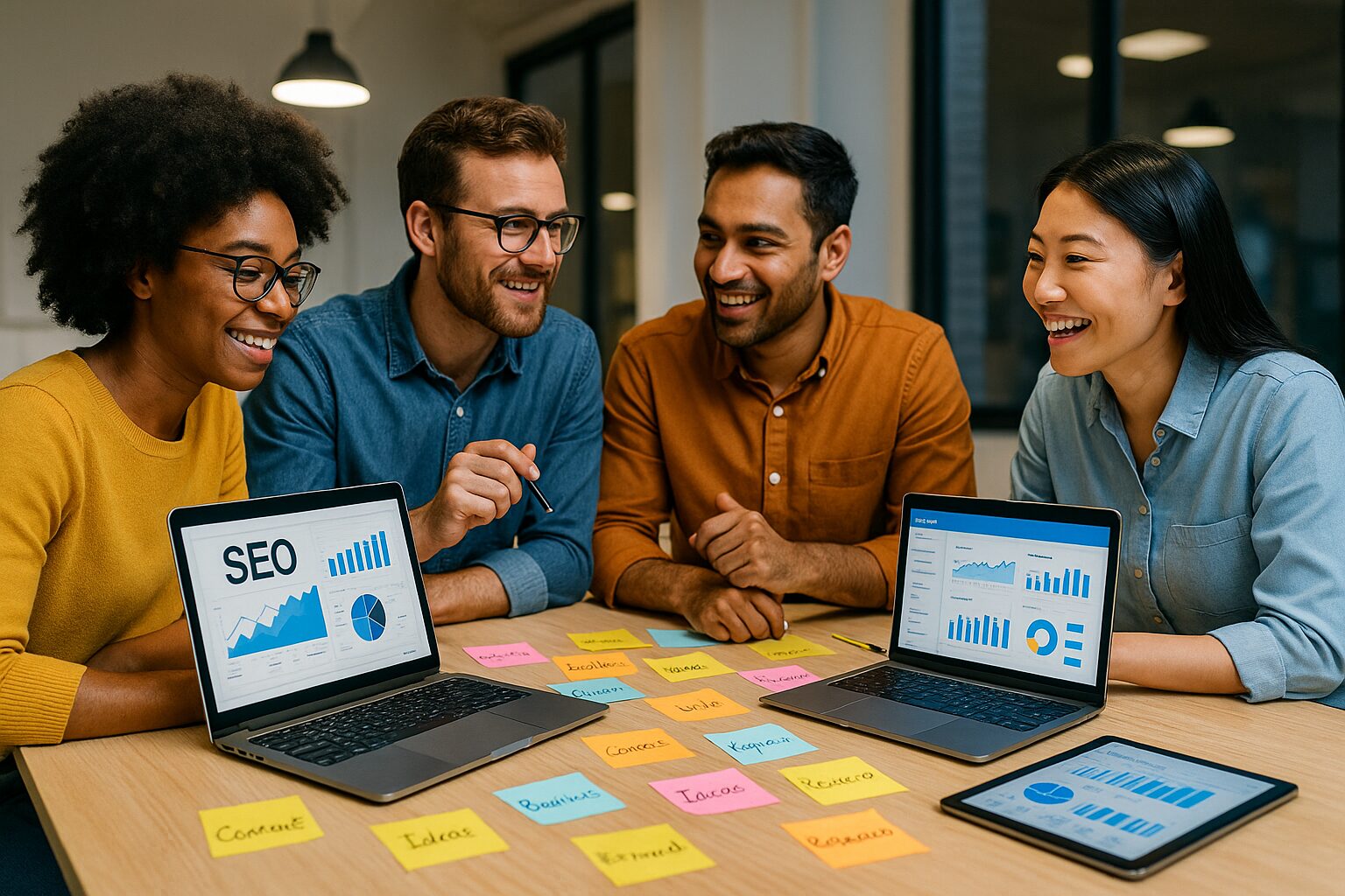 A vibrant image showcasing a diverse team of digital marketers collaborating around a table filled with laptops and digital devices. They are analysing data on screens displaying graphs and charts related to SEO performance metrics while brainstorming ideas on sticky notes spread across the table. Bright overhead lights illuminate the workspace, creating an atmosphere of creativity and productivity.
