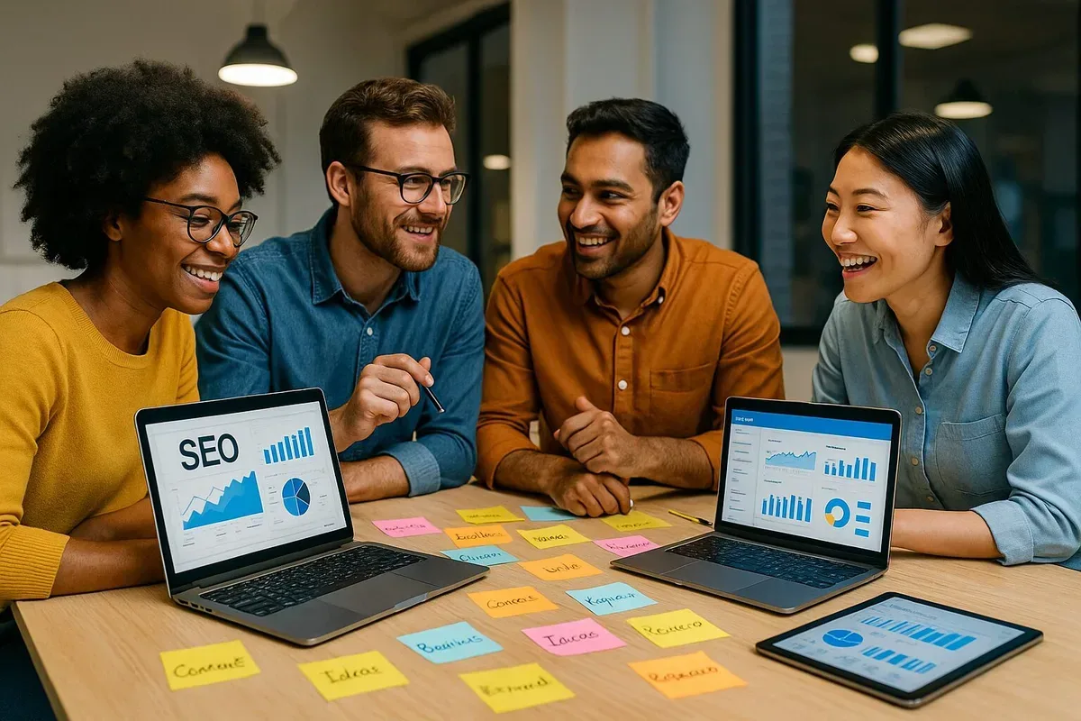 A vibrant image showcasing a diverse team of digital marketers collaborating around a table filled with laptops and digital devices. They are analysing data on screens displaying graphs and charts related to SEO performance metrics while brainstorming ideas on sticky notes spread across the table. Bright overhead lights illuminate the workspace, creating an atmosphere of creativity and productivity.