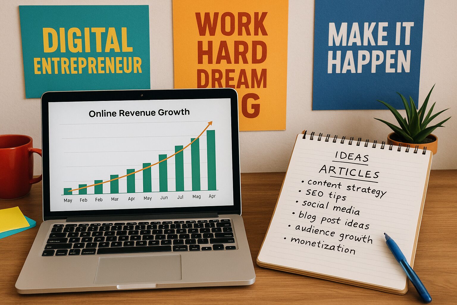 A vibrant workspace featuring a laptop displaying graphs of online revenue growth alongside a notepad filled with brainstorming ideas for articles. The background includes motivational quotes about digital entrepreneurship, creating an inspiring atmosphere for content creators.