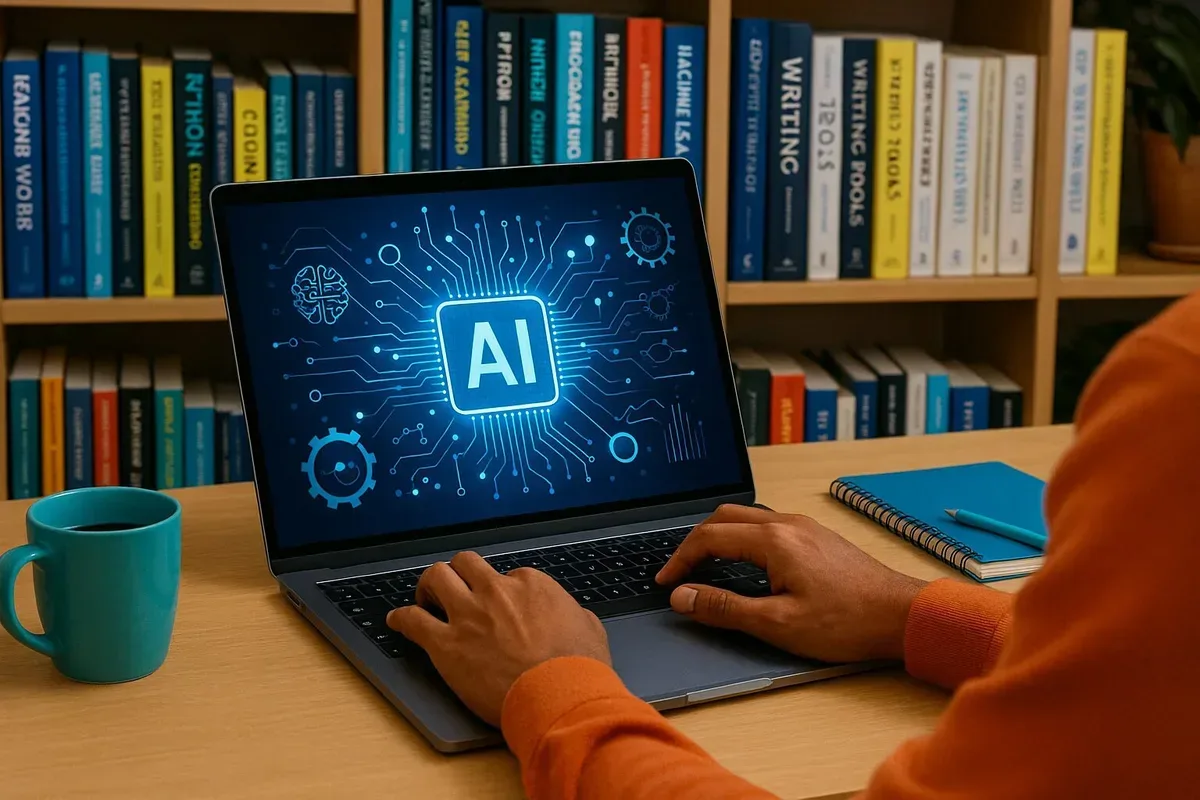 A vibrant photograph showcasing a person seated at a modern desk, typing on a laptop with visible A.I.-related graphics on the screen. The background features bookshelves filled with books about technology and writing, hinting at a blend of traditional knowledge with cutting-edge innovation.