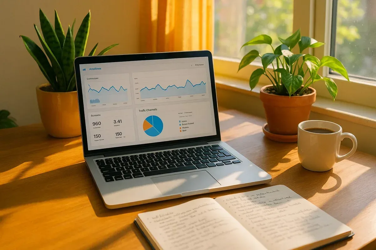 A vibrant desktop setup featuring a laptop displaying an analytics dashboard alongside a notepad filled with handwritten notes. Sunlight streams through a nearby window, illuminating a cup of coffee and potted plants on the desk, creating an inviting atmosphere for productive work.