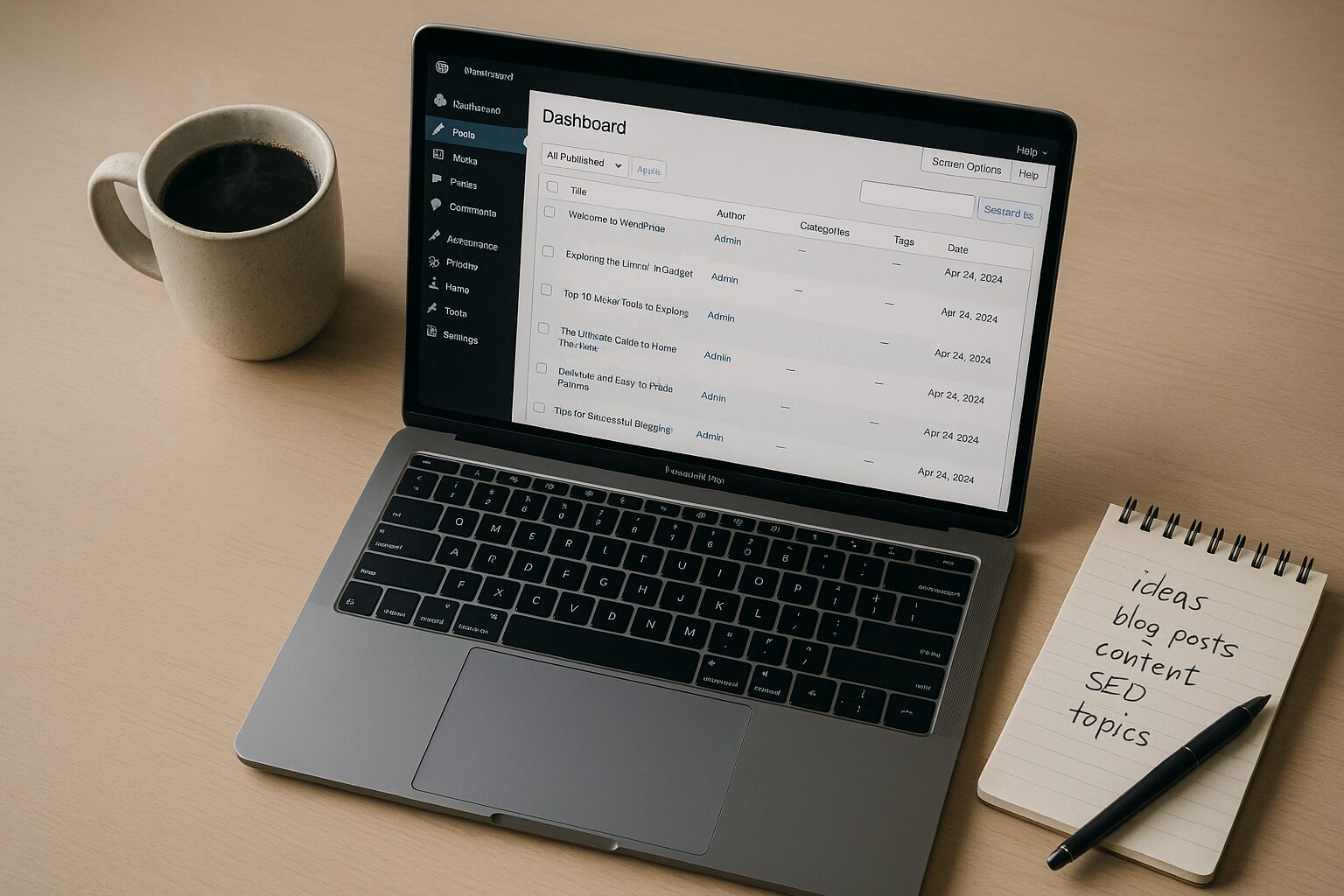 An overhead view of a modern workspace featuring a laptop displaying a WordPress dashboard filled with freshly published articles. A steaming cup of coffee rests next to the laptop, while a notepad with scribbled ideas lies nearby, symbolising the blend of technology and creativity in content generation.