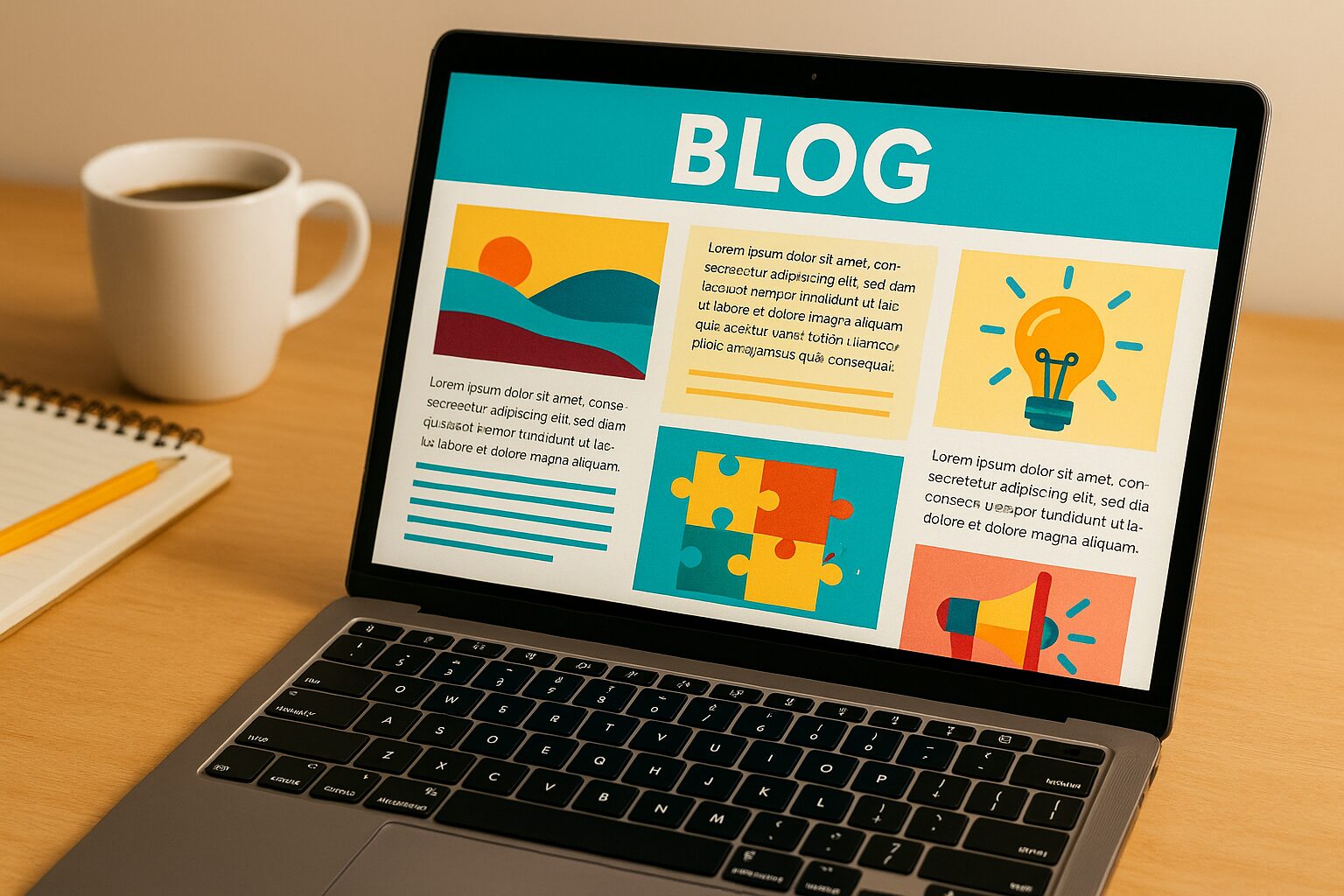 A vibrant photograph showing a laptop open on a desk, displaying a blog article filled with colourful images and text. The background features a coffee cup and notepad, creating an inviting workspace that embodies creativity and productivity.
