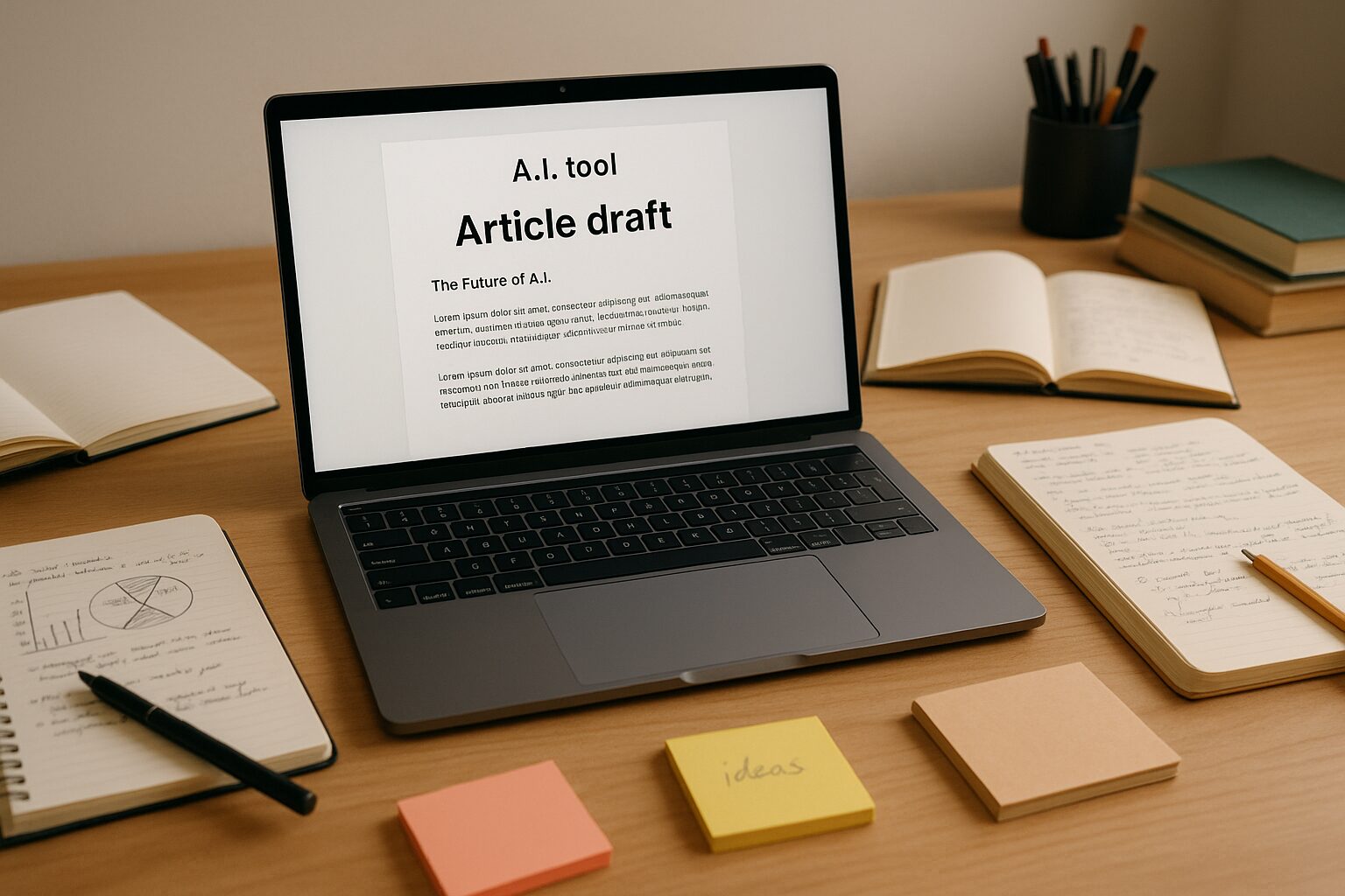 A modern workspace featuring a sleek laptop open on a desk filled with creative materials. The screen displays an article being generated by an A.I. tool, with notes and books scattered around suggesting a blend of technology and traditional writing methods.