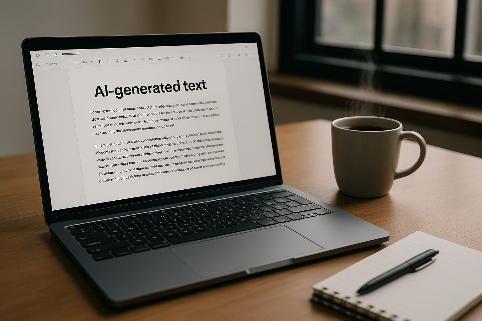 A modern workspace featuring a sleek laptop displaying an open document editor with AI-generated text on the screen. A steaming cup of coffee sits beside it, while a notepad and pen lie nearby, suggesting a blend of technology and traditional writing tools.