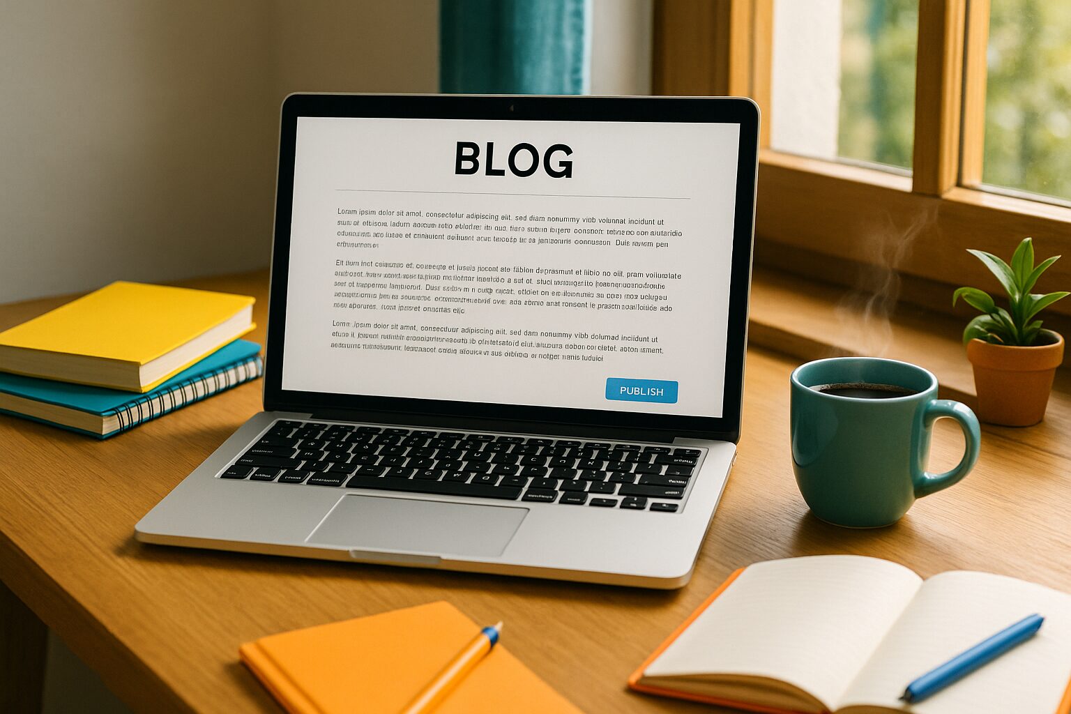 A vibrant workspace featuring a laptop open to a blog editing screen filled with text, surrounded by notebooks, a cup of coffee steaming beside it, and a window allowing natural light to flood in, creating an inviting atmosphere for creativity.