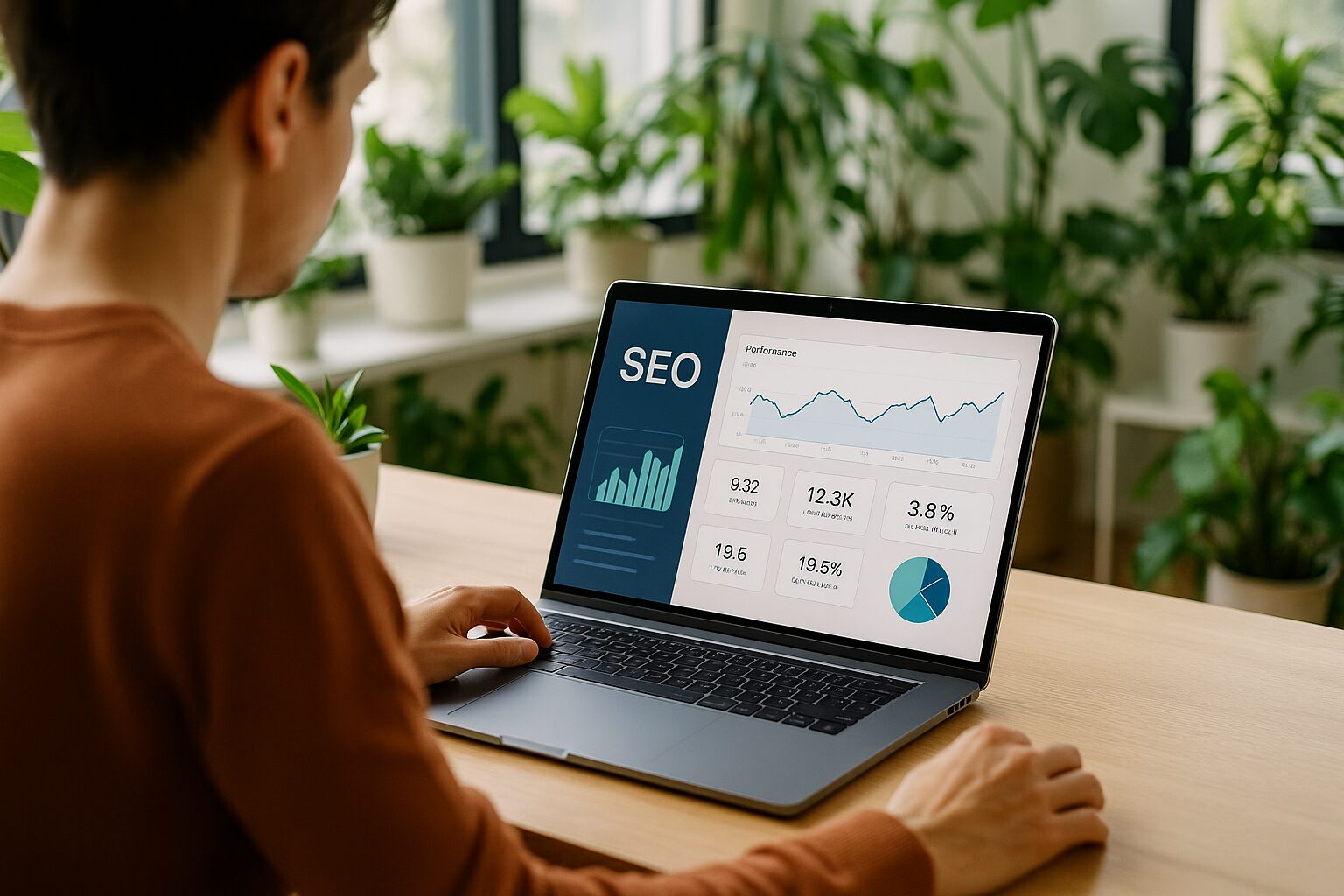 A visually striking photograph featuring a person sitting at a modern desk adorned with a sleek laptop displaying graphs and analytics related to SEO performance. The background showcases a bright office space filled with plants and natural light, conveying a sense of productivity and innovation in digital marketing.