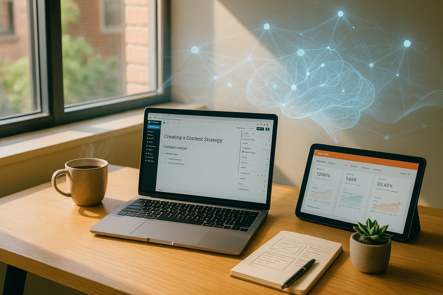 A crisp, well-composed photograph of a modern content studio: a luminous oak desk by a large window, a laptop open to a WordPress draft with a visible headline and content outline, a nearby tablet showing a HubSpot dashboard. On the desk, a steaming cup of coffee, a notepad with hand-drawn content wireframes and a pen lie next to a small potted succulent. In the midground, a translucent holographic overlay hints at an A.I. neural-network visual — flowing nodes and subtle light trails — suggesting machine assistance. Natural morning light casts warm shadows; the scene conveys a harmony between human creativity and intelligent automation, ready for publishing.
