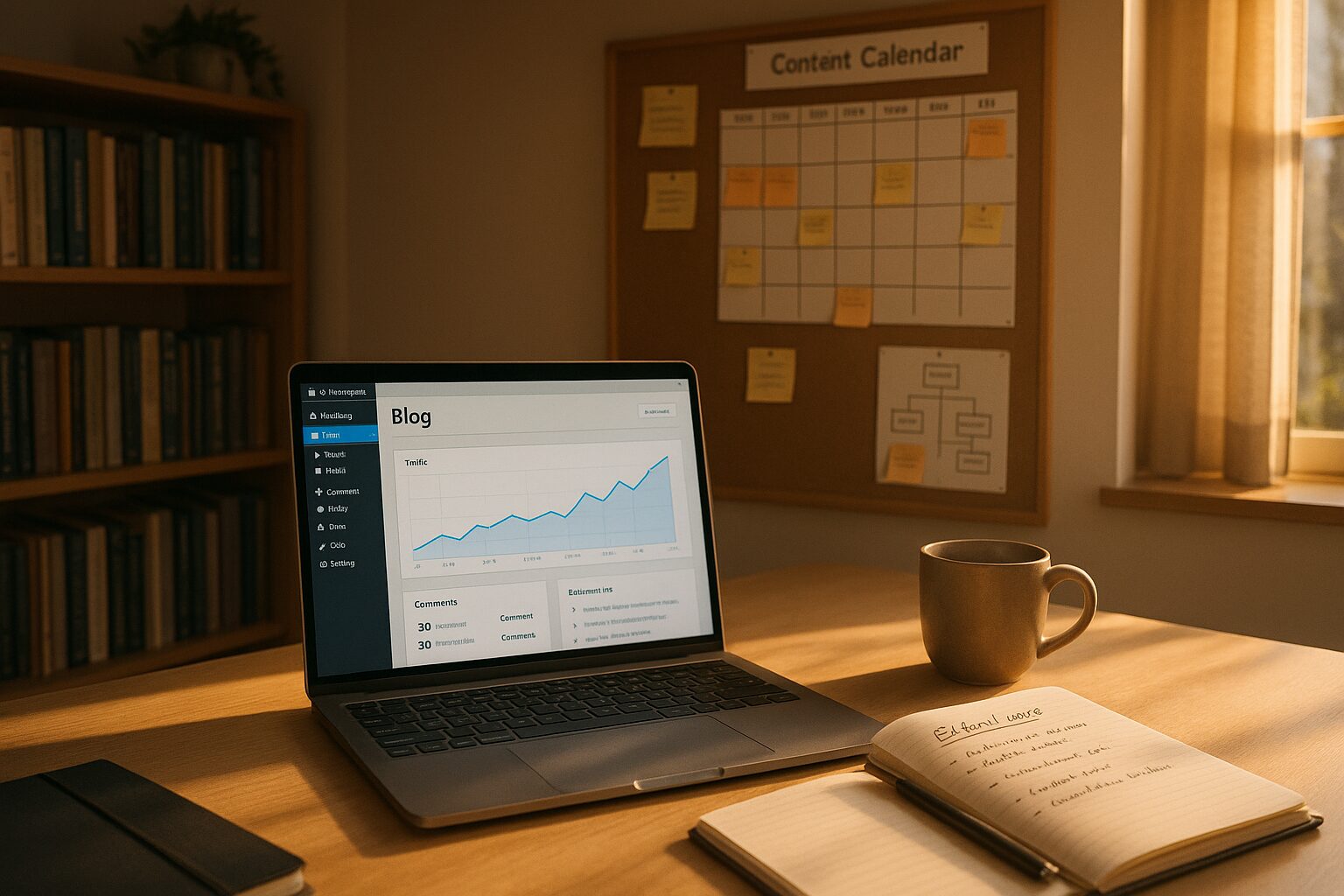 A wide-angle photograph of a modern home office late in the afternoon: a sleek laptop on a tidy desk displays a blog dashboard with analytics graphs rising, a notebook with hand-written editorial ideas beside a mug of tea, and a soft-focus background bookshelf filled with reference books. Warm daylight through a nearby window highlights an organised pinboard on the wall showing a content calendar, sticky notes and a printout of a site map — the scene communicates the productive intersection of creativity, planning and systems needed to scale a blog.