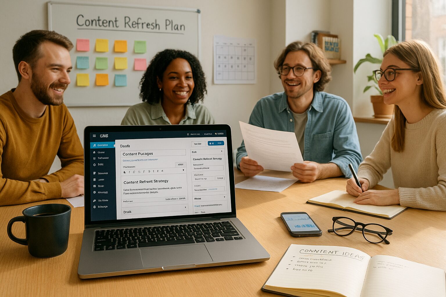 A bright, modern office scene showing a small content team gathered around a large wooden table. A laptop screen in the foreground displays a CMS dashboard with a visible editorial calendar and draft post editor. Sticky notes in assorted colours are arranged on a nearby wall under a whiteboard that reads 'Content Refresh Plan', and a paper calendar marked with publication dates is pinned next to it. On the table there is a steaming mug of coffee, a smartphone with analytics graphs visible, an open notebook with handwritten ideas and a pair of glasses. Soft daylight through a window highlights a potted plant and a wall-mounted shelf with marketing books, creating a productive, organised atmosphere that conveys both creativity and structure.
