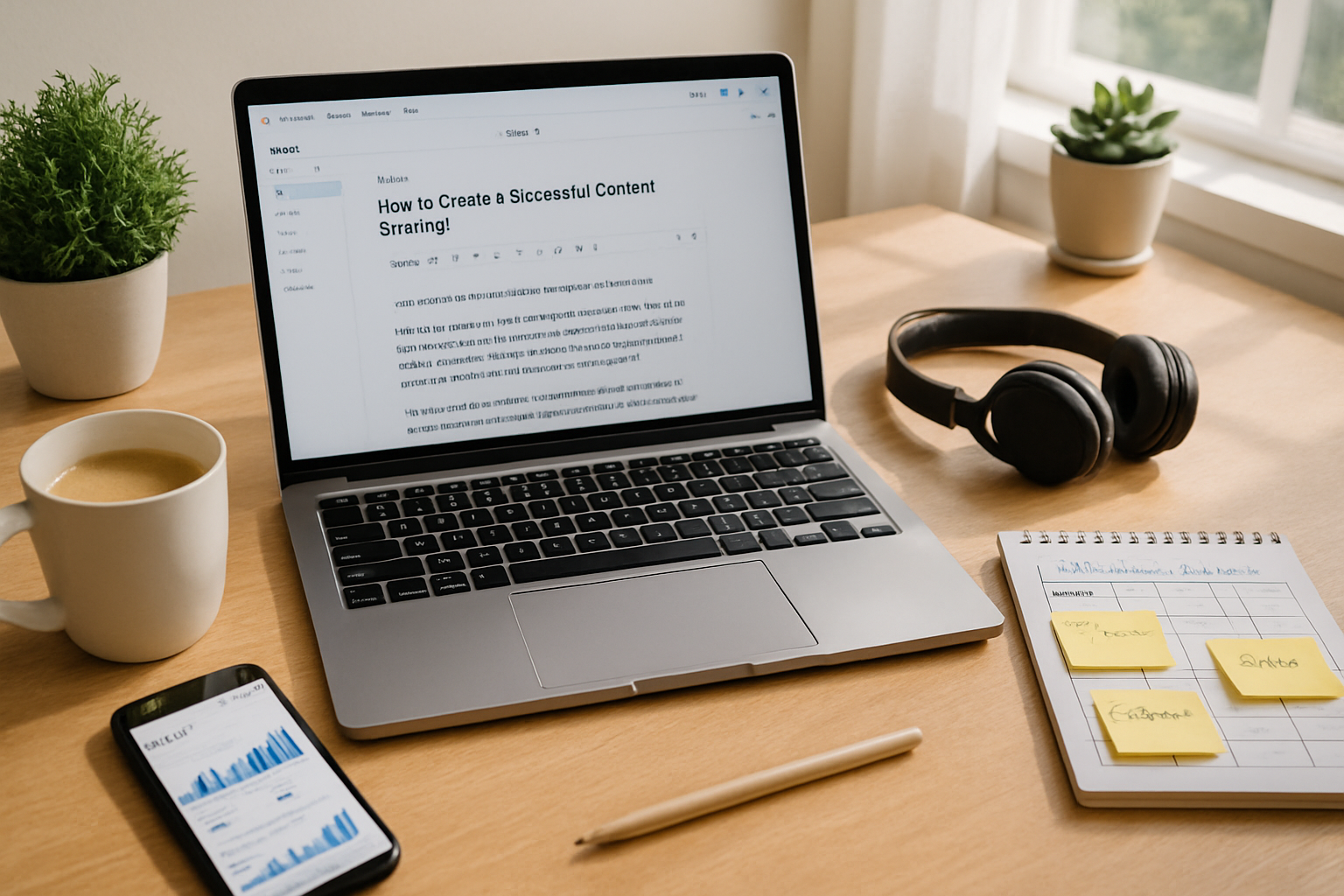 A bright, modern workspace photograph showing a content marketer's desk: an open laptop displaying the HubSpot blog editor with a partially written article on screen, a smartphone with analytics graphs, a notepad with a sketched editorial calendar and sticky notes tracking keywords. Natural light streams through a nearby window, and a coffee cup, a small potted plant and a pair of headphones complete the scene, conveying focus, organisation and the intersection of creativity and data-driven publishing.