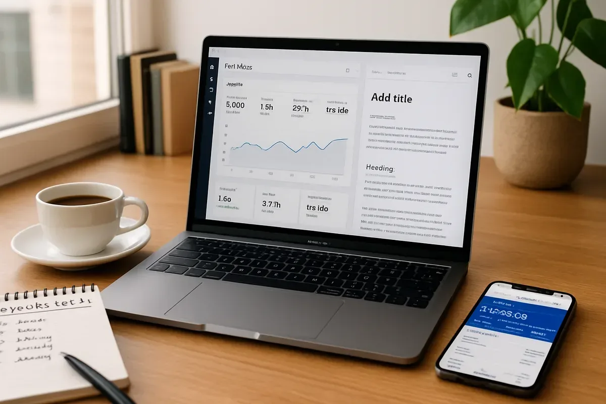 A crisp, high-resolution photograph of a modern home office: a laptop displaying an analytics dashboard and an open blog post editor sits on a wooden desk beside a cup of coffee. Natural light from a nearby window highlights a notepad with keyword ideas and a smartphone showing the Google AdSense interface. In the background, a small bookshelf and a plant add warmth, conveying productivity, content creation and the intersection of technology and monetisation.