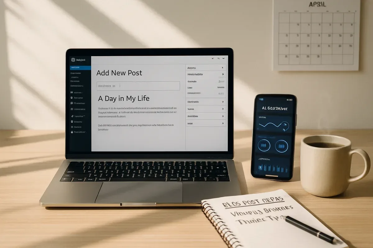 A crisp, high-resolution photograph of a minimalist workspace: a laptop open to a WordPress editor with a partly completed blog post, a smartphone showing an AI dashboard, a notepad with handwritten headlines and a steaming cup of coffee. Natural daylight streams across the desk, casting soft shadows on a wooden surface; in the background, a wall-mounted calendar displays the current month, suggesting an organised, content-driven workflow. The scene conveys efficiency, creativity and the collaboration of human editors with automated tools.