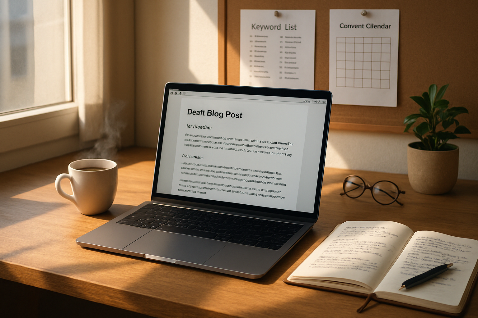 A high‑resolution photograph of a modern workspace: a clean wooden desk by a window, a laptop open showing a draft blog post on the screen, a notebook with handwritten notes and a pen to one side, a cup of coffee steaming gently, and soft natural light casting warm shadows. In the background, a bulletin board displays keyword lists and a content calendar, while a small plant and a pair of glasses add a human touch—conveying the intersection of technology and thoughtful editorial work.
