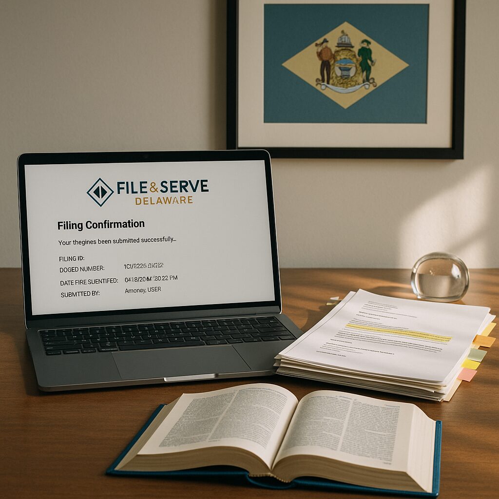A realistic photograph of a lawyer’s desk in soft daylight: a slim laptop displays the File and Serve Delaware filing confirmation screen with a visible timestamp and docket number. Beside the laptop lies a neat stack of court documents clipped together, annotated with coloured sticky tabs and an opened blue law book. In the background, a framed image of the Delaware state flag hangs on a pale wall, and a glass paperweight reflects the afternoon sun. The scene conveys efficiency and careful document management — an organised professional finalising an electronic court filing.