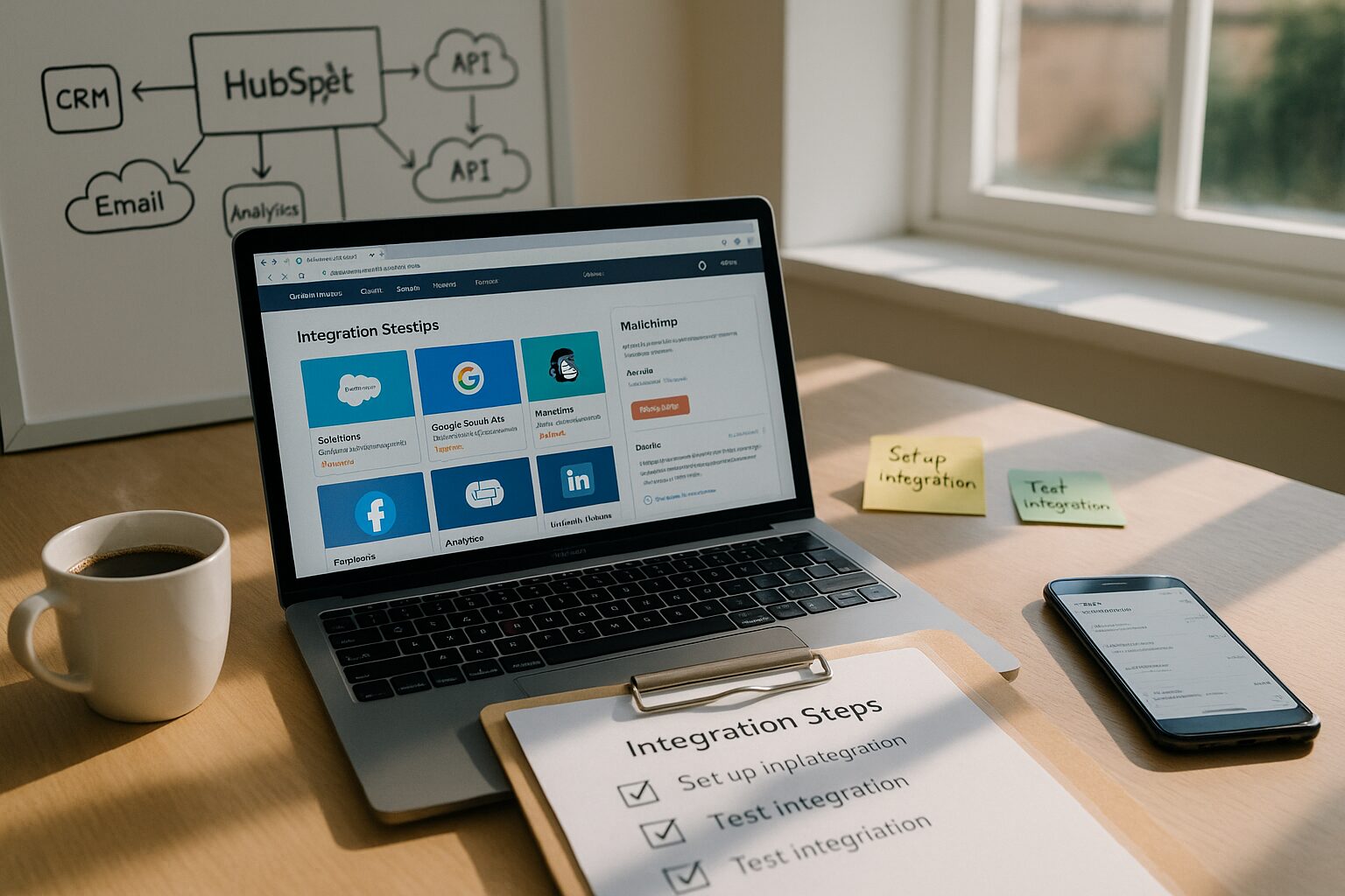A crisp, candid photograph of a bright modern office desk: a laptop screen displays the HubSpot Marketplace with colourful app tiles and an open listing sidebar, while beside it a printed checklist and sticky notes map out integration steps. A ceramic coffee cup steams gently, and sunlight from a large window casts soft shadows across the workspace. In the background, a whiteboard shows a flowchart connecting HubSpot to various services, and a smartphone lies face up with calendar reminders visible — the scene conveys focused, practical collaboration and the tangible work of connecting marketing technology in a UK business setting.