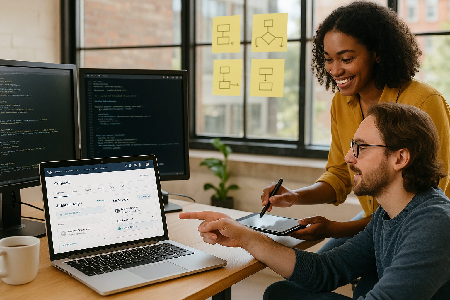 A bright, candid photograph of a modern workspace showing a developer and a product manager collaborating. In the foreground, a laptop screen displays a HubSpot CRM dashboard with contact records and a custom app card; adjacent monitors show chunks of code and API logs. Sticky notes with hand‑drawn user flows are visible on a glass partition, while a cup of coffee and a small potted plant add warmth to the scene. Natural daylight filters through, casting soft shadows; the team members are mid‑discussion, pointing at the screen and sketching ideas on a tablet, conveying focused creativity and cross‑functional collaboration.