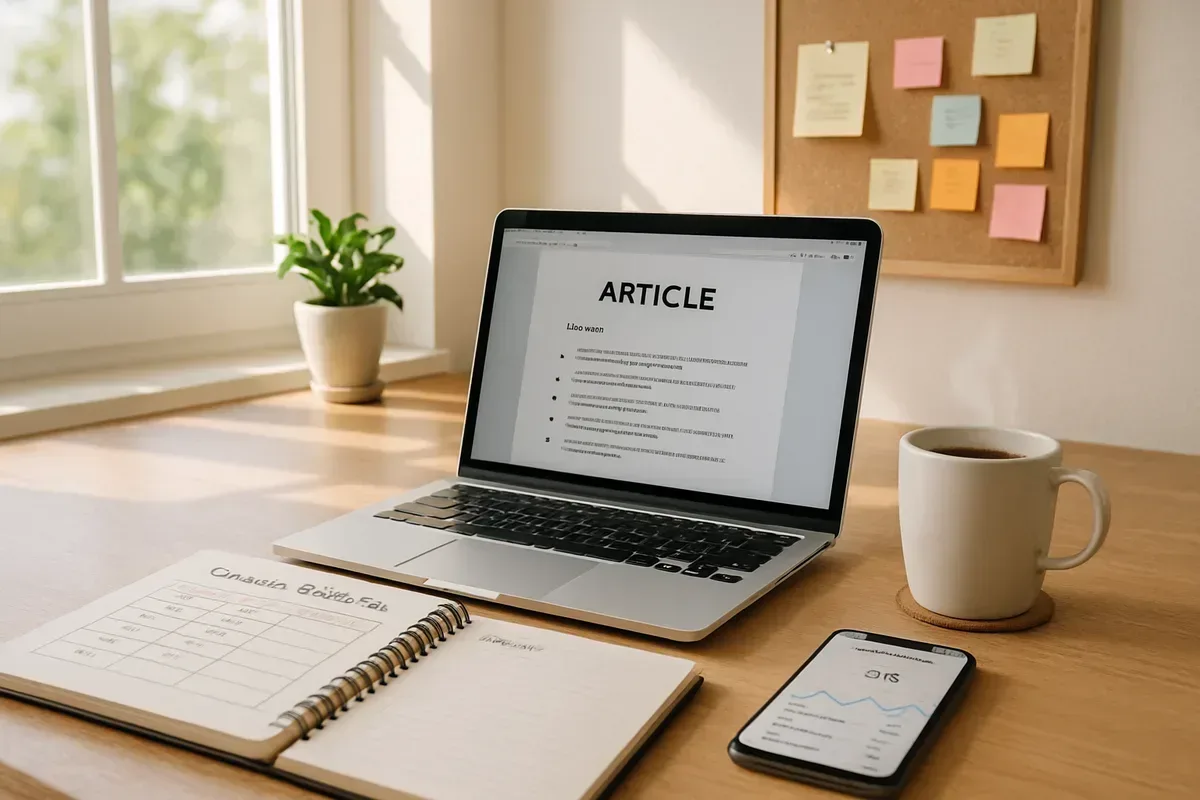 A bright, organised workspace photograph: a wooden desk beside a large window with morning light pouring in, a laptop open displaying a draft article with headlines and bullet points, a notebook with a neatly written content calendar, a steaming mug of coffee to one side and a smartphone showing social analytics. In the background, a small plant and a pinboard with editorial notes and colour-coded sticky notes hint at an efficient workflow. The overall tone is calm and productive, conveying streamlined creativity and focus.