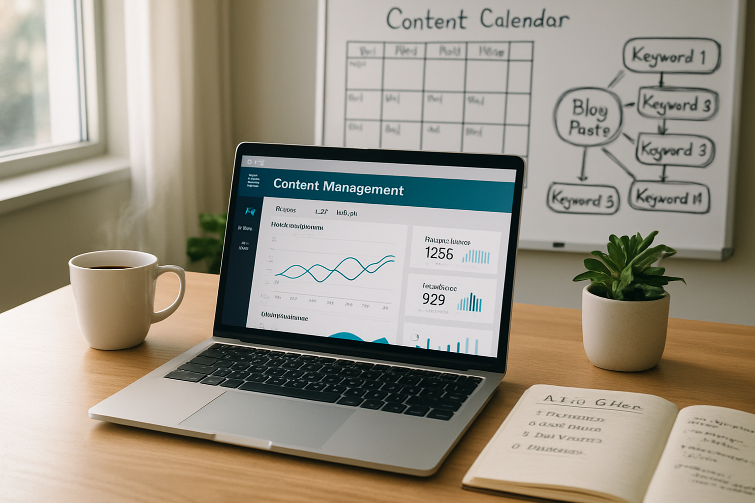 A crisp, high-resolution photograph of a modern office workspace at mid-morning: a sleek laptop displaying an open content management dashboard with keyword analytics graphs visible, a notebook with hand-written article outlines, a cup of coffee steaming to one side and a small potted plant adding a touch of green. In the background, a whiteboard shows a content calendar and mind-map connecting keywords to blog post ideas. Soft natural light streams through a nearby window, casting gentle shadows and creating an atmosphere of focused productivity and collaborative creativity.