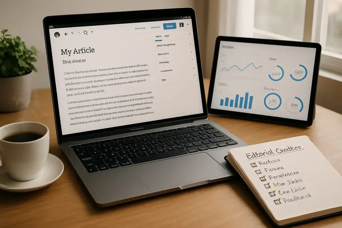 A crisp, well-lit photograph of a modern workspace: a laptop displaying a WordPress editor with a draft article, a tablet showing analytics charts, and a notebook with a handwritten editorial checklist. A cup of coffee steams beside a small plant, while soft natural light from a nearby window casts gentle shadows. The scene conveys focus, productivity and the blend of human oversight with digital tools in an automated blogging workflow.