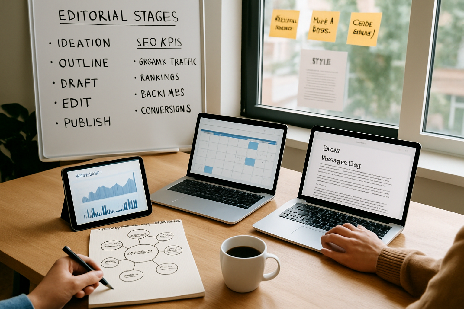 A bright, modern photograph of a collaborative content workspace: a large wooden table with two open laptops showing a calendar and a draft article, a tablet displaying analytics graphs, a notepad with a hand-drawn content cluster map, and a coffee cup. In the background, a whiteboard lists editorial stages and SEO KPIs. Natural light through a window highlights sticky notes with headlines and a printed style guide, conveying organised, productivity-focused planning for scaling a blog.