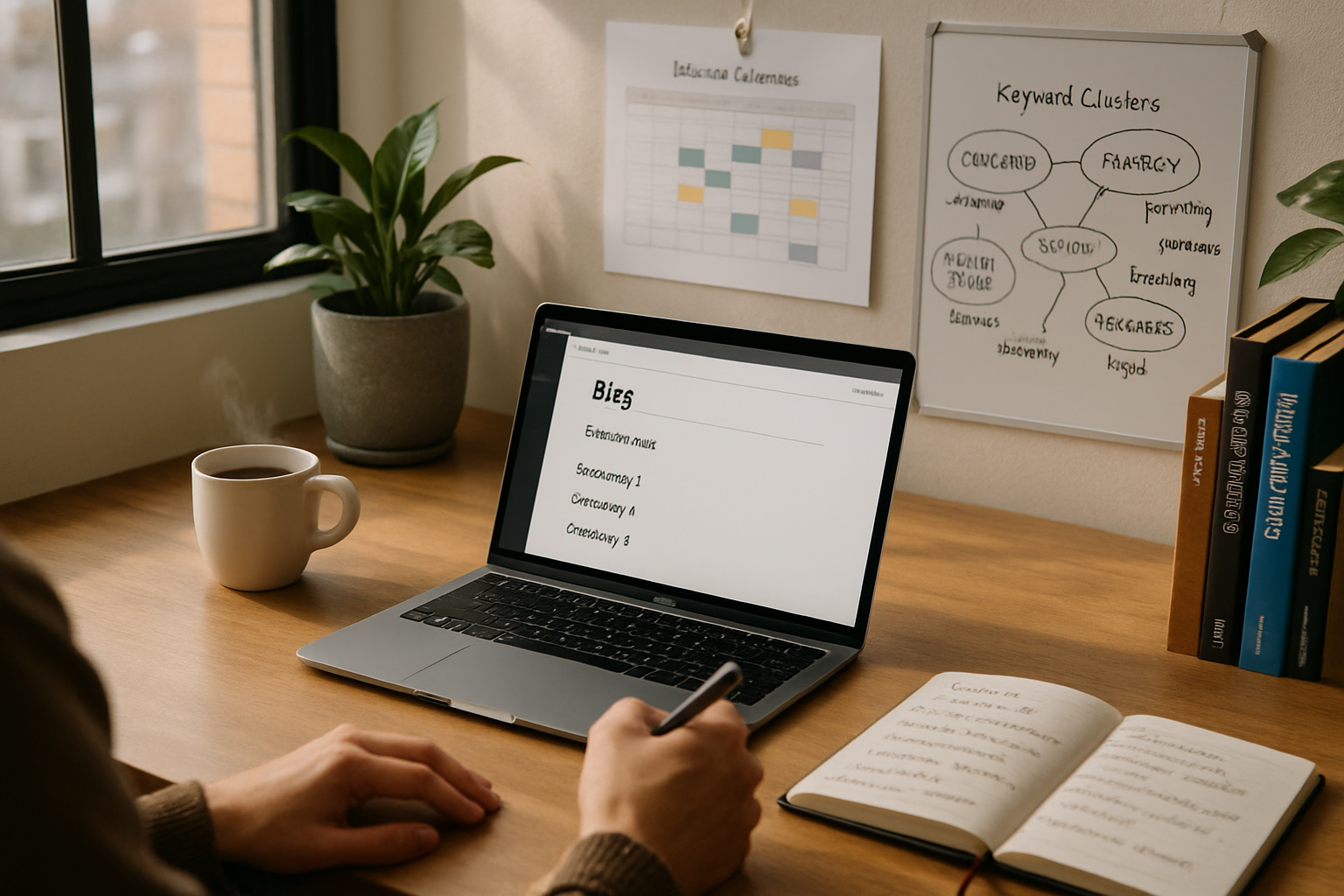 A high-resolution photograph of a professional workspace capturing a content strategist at work: a modern wooden desk by a large window with soft afternoon light, an open laptop displaying a blog editor with draft headings, a printed editorial calendar pinned beside a whiteboard annotated with keyword clusters, a notebook filled with hand-written ideas and a cup of coffee steaming gently. In the background, a bookshelf holds marketing and SEO reference books, while a potted plant adds a touch of green, conveying a balance of creativity and analytical focus.