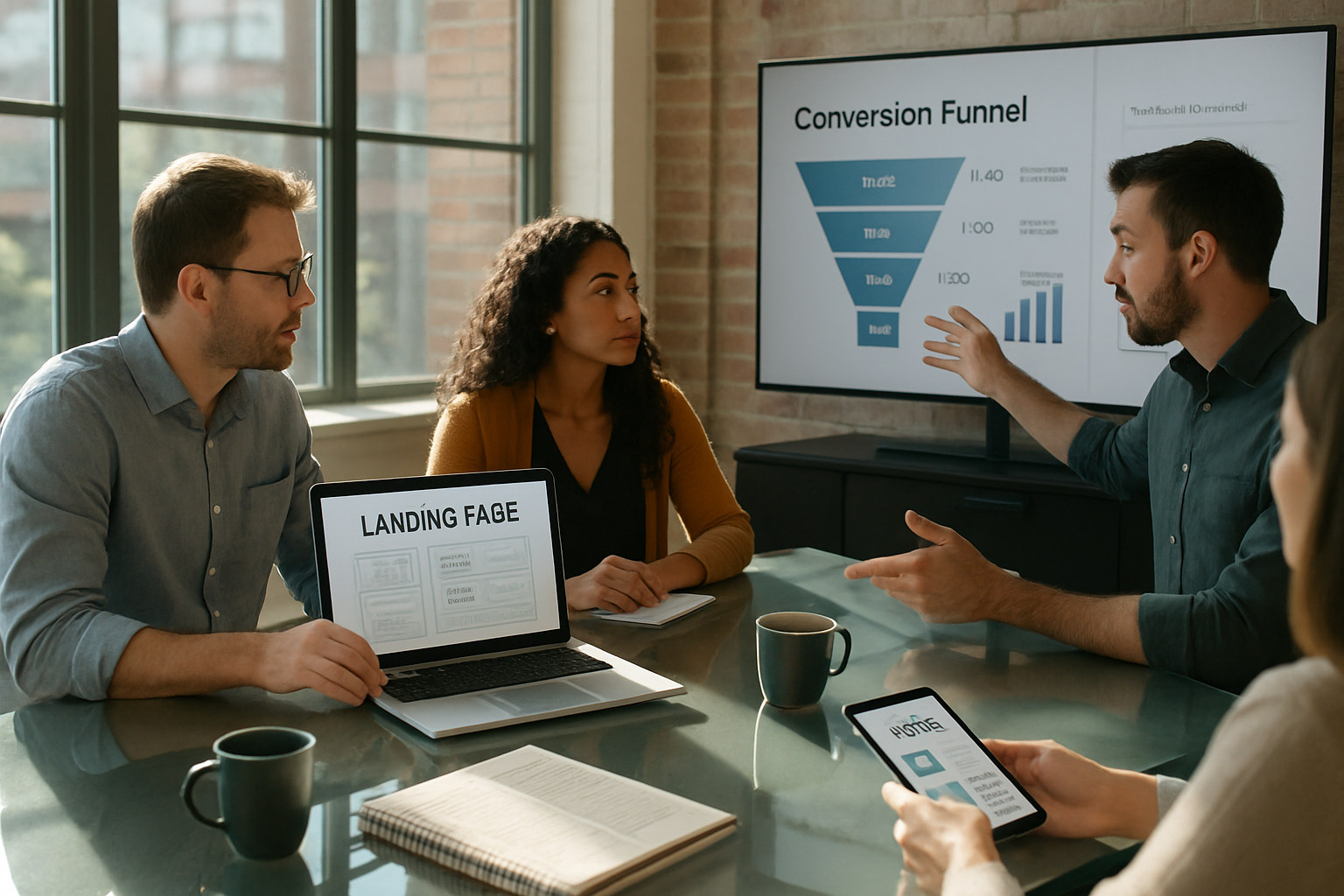 A high-resolution, candid photograph of a modern office meeting: a small team gathered around a glass table, one person presenting a landing page mock‑up on a laptop while another gestures towards a large wall-mounted screen showing conversion funnel analytics. Sunlight streams through floor-to-ceiling windows, casting soft reflections on the table. On the table are a notepad with sketched wireframes, a coffee cup, and a smartphone displaying a live A/B test result. The scene conveys collaboration, data-driven optimisation and the focused effort of turning website visits into customers.