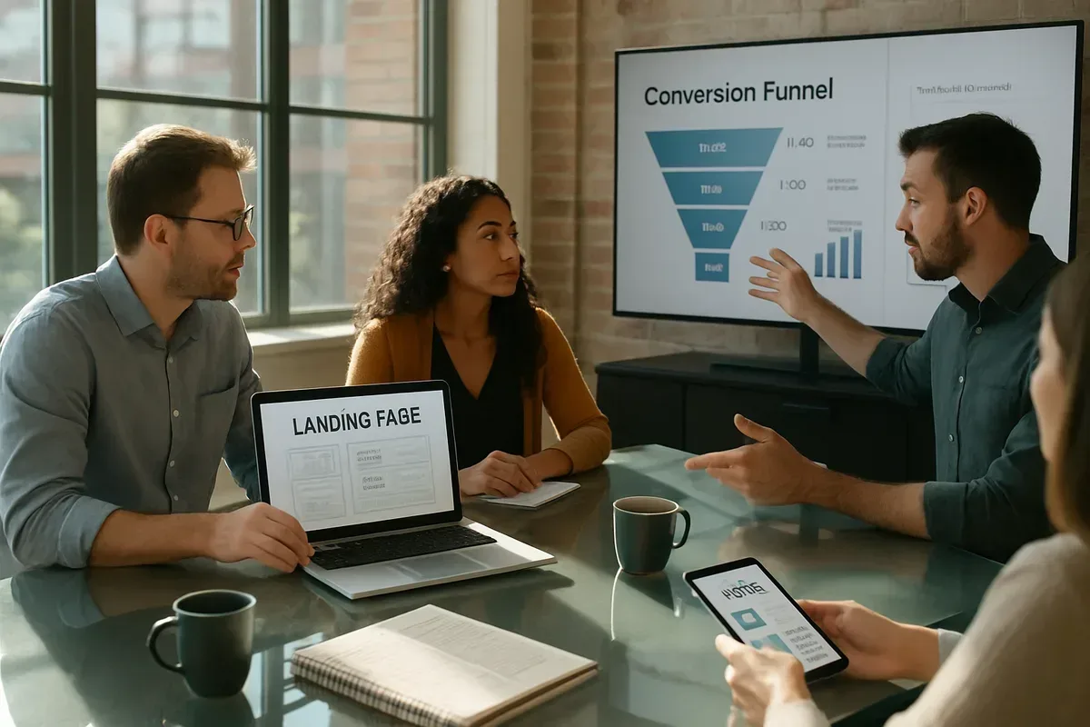 A high-resolution, candid photograph of a modern office meeting: a small team gathered around a glass table, one person presenting a landing page mock‑up on a laptop while another gestures towards a large wall-mounted screen showing conversion funnel analytics. Sunlight streams through floor-to-ceiling windows, casting soft reflections on the table. On the table are a notepad with sketched wireframes, a coffee cup, and a smartphone displaying a live A/B test result. The scene conveys collaboration, data-driven optimisation and the focused effort of turning website visits into customers.