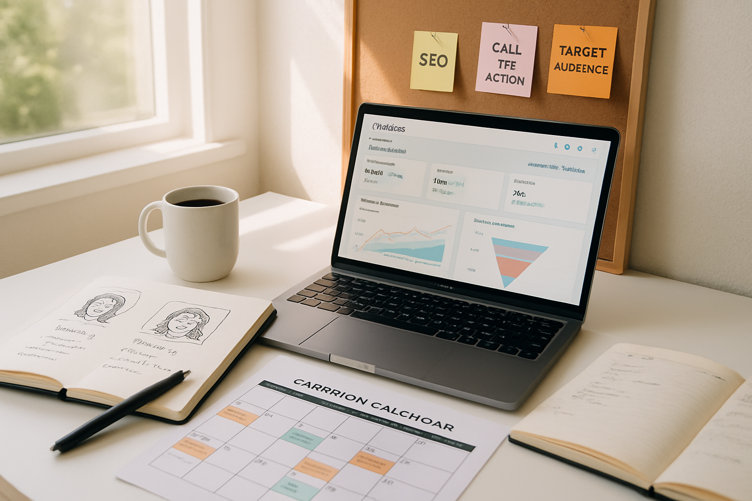 A bright, modern workspace photograph showing a marketer’s desk with a laptop displaying the HubSpot dashboard, open notebooks with persona sketches and a printed campaign calendar. Natural light pours in from a window, a coffee cup sits to one side, and sticky notes with keywords and CTAs are pinned to a corkboard in the background. The scene conveys organised, strategic work and a blend of creative and analytical tasks.