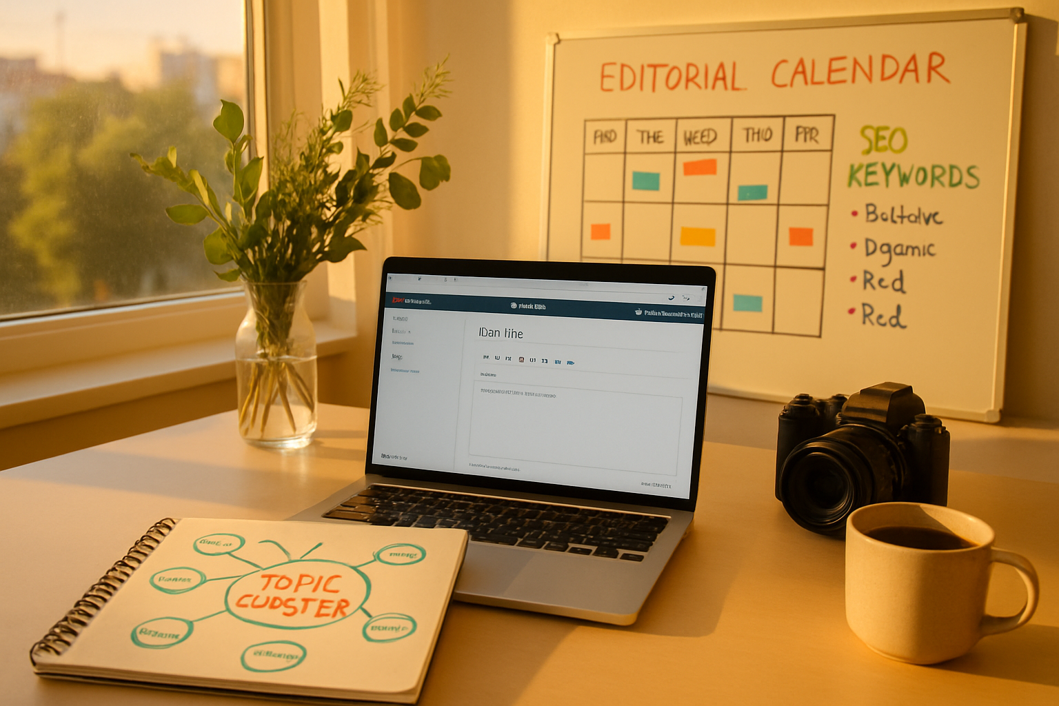 A bright editorial workspace photograph: a modern desk by a large window at golden hour, a laptop open showing the HubSpot blog editor with a draft post on-screen, a notebook with a topic cluster sketched in marker, a camera and a cup of coffee to one side. In the background, a whiteboard displays an editorial calendar and SEO keywords written in coloured markers. Natural light illuminates a vase of fresh foliage, giving the scene a productive, creative atmosphere that conveys content planning and digital publishing.